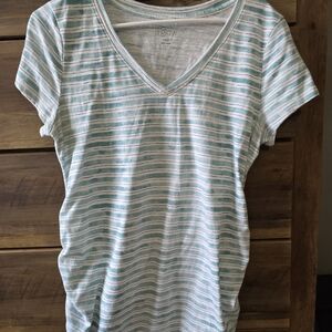 a:glow Women's V-Neck Striped Tee - Light Blue and White